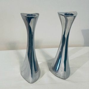 Vintage Nambe 595 Tri-Corner Silver Tone Metal 7” Candleholders